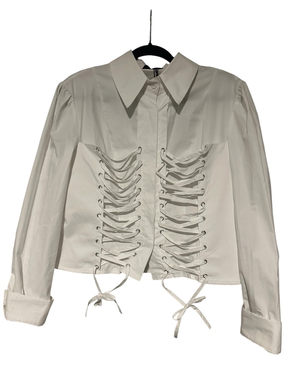 Cider White Cropped Lace-Up Button Shirt